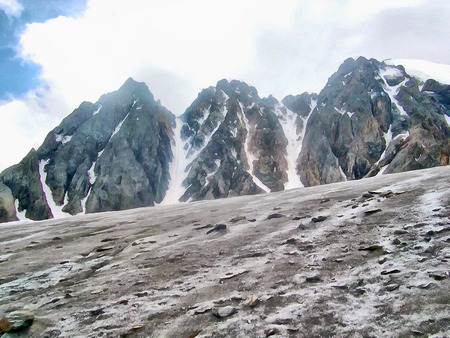 Watercolor landscape of high mountains with peaks covered by snow and clouds at winter season.Photo...