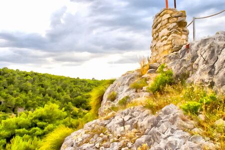 Background watercolor painting of a grassy mountains hill, photo manipulationの写真素材