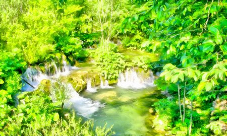 Background watercolor painting of a green banks of the mountain stream and Rocky waterfall in the river rapidsの写真素材
