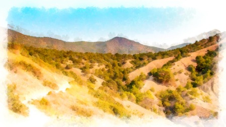 Background watercolor painting view of the Crimea mountain  landscape from the hilltop photo manipulationの写真素材