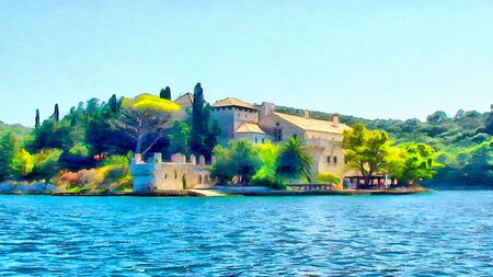 watercolor painting  of Mediterranean monastery on the islandの写真素材