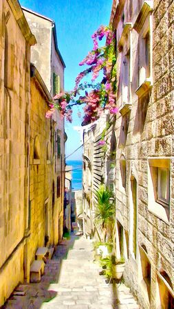 watercolor painting  of narrow cobbled streets decorated with flowers, pavement staircase rises, passes under the arches of old housesの写真素材