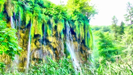 Watercolor summer illustration mountain landscape with the magical world of emerald plants, waterfall and lake.の写真素材