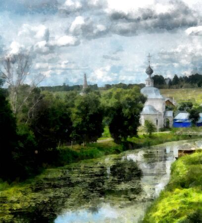 Old church on the river bank in cloudy day watercolorの写真素材