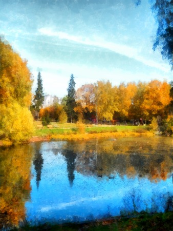 Bright yellow autumn park with reflected trees and blue sky in pond. Watercolorの写真素材