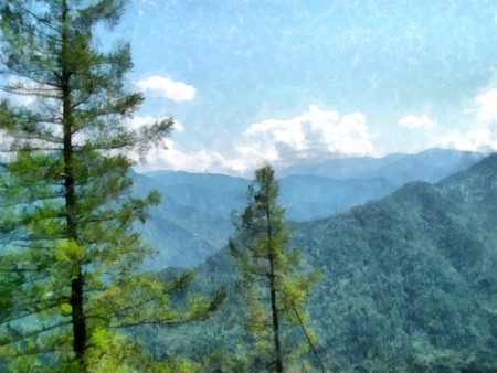Background watercolor painting of a grassy field mountains and treesの写真素材