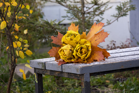 autumn park, bouquet of roses made from fallen maple leaves lies on a wooden bench with rusty legs against a background of cityscape.  Last warm days.の写真素材