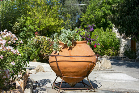 narrow street, stone white fence, clay jug, thickets of flowering shrubs, Cyprusの写真素材