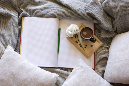 warm home atmosphere, a mug of freshly brewed coffee, grains, a notebook for records, a grey blanket and pillows.の写真素材