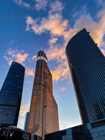 Moscow City district, skyscrapers, summer evening Russiaのeditorial素材