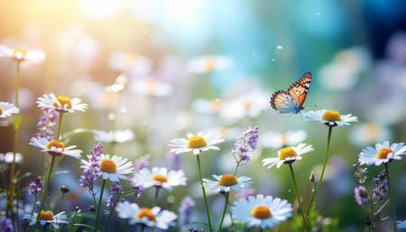 Beautiful meadow with daisies and butterfly. Nature backgroundの素材