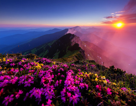 Golden sunset lights up misty mountain peaks and vibrant alpine flowers, capturing serene beauty and dramatic natural contrast.の素材