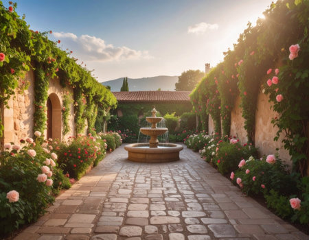 Peaceful courtyard with central stone fountain, cobblestone path, lush greenery, climbing plants, and blooming roses in warm sunlight.の素材