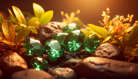Faceted emeralds on dark stones with green leaves and orange flowers, glowing in rich golden light. Nature meets luxury in vivid detail.の素材