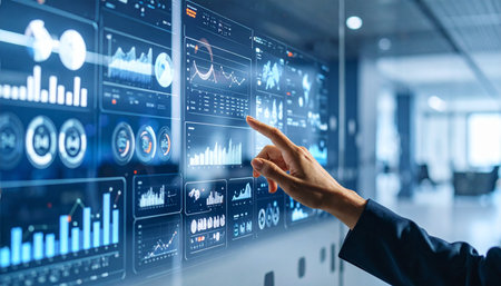 Professional using a digital touchscreen with charts and graphs for real-time analytics, business intelligence, and data-driven decision-making.の素材