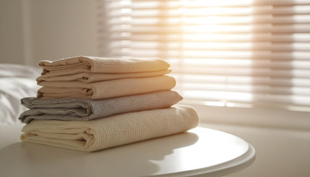 Neatly stacked towels on a white surface with warm sunlight and soft shadows creating a calm mood.の素材