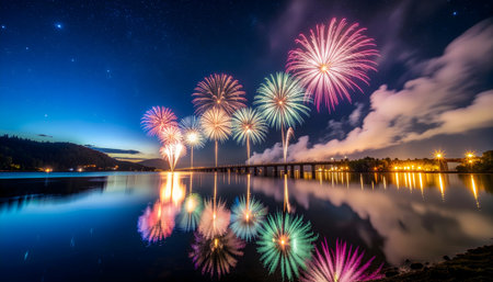 Colorful fireworks light up the night sky above a bridge and water. Reflections and symmetry create a festive New Year celebration scene.の素材