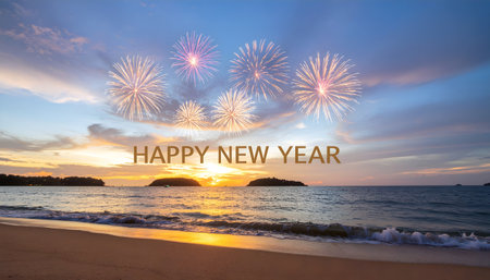 Golden New Year message above fireworks bursting over a calm ocean at sunset. A festive and scenic seasonal celebration for design use.の素材