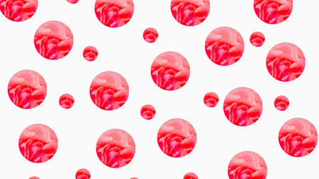 Stylized circular cutouts filled with pink and red rose petals on white backgroundâ€”ideal for...