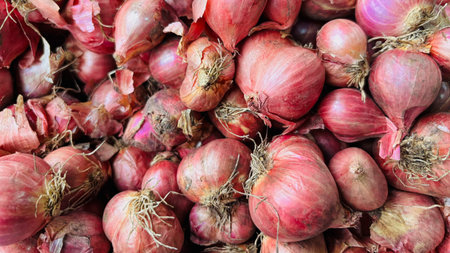 A close up full frame macro shot of a pile of fresh, raw, unpeeled red onions, creating a natural...