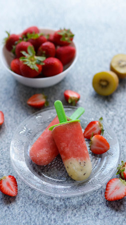 Homemade ice cream from strawberry and kiwi. Summer frozen foodの写真素材