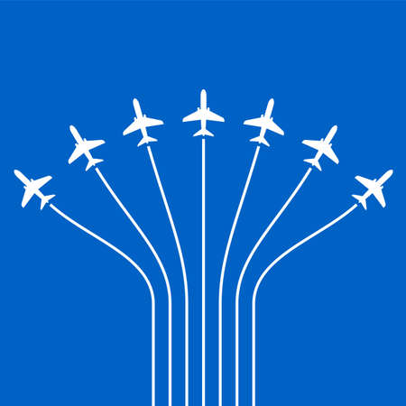 Airplane Flying Formation In Blue Sky, Air Show Display, The Disciplined Flight Vector Art Illustrationのイラスト素材