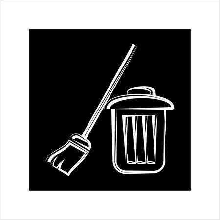 Trash Can And Broom Vector Art Illustrationのイラスト素材