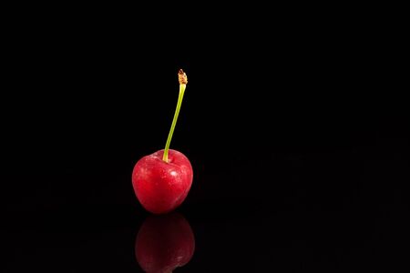 Frozen sweet cherry on a black background with reflection. Close-up, selective focus, copy space.