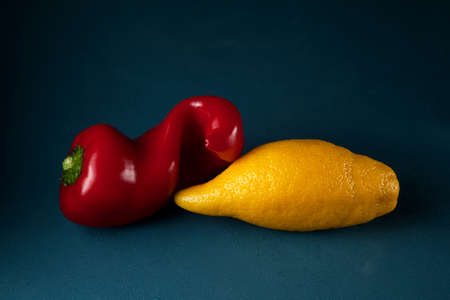 Concept - Food waste reduction. Using in cooking imperfect products. Ugly red pepper and elongated lemon on a dark background. Closeup, copy space.の写真素材