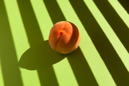 Beautiful ripe peach on a light green background with striped shadows of sunlight.