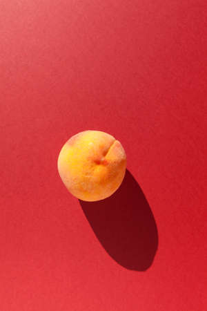 Fresh ripe peach on a red background with shadow, vertical orientation with copy space.の写真素材