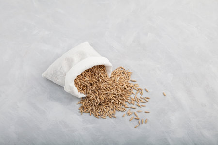 Whole grains oats spilled out of bag onto gray surface. Selective focus, copy space.の写真素材