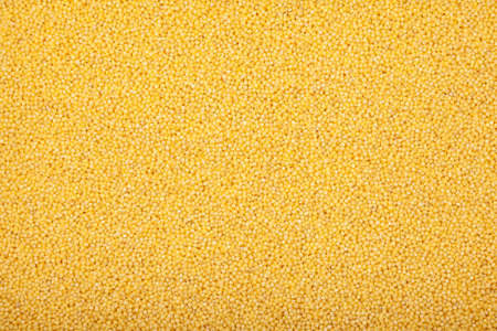 Organic Millet, dry hulled groats, yellow color, closeup. Natural food background with copy space.