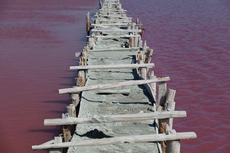 Pink salt lake with healing mud, unique algae and microorganisms. Bridge or makeshift dam.
