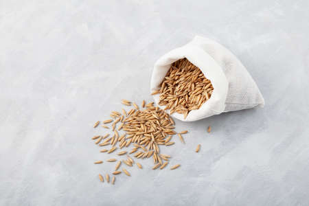 Whole grains oats spilled out of white textile bag. Gray textured background, copy space.