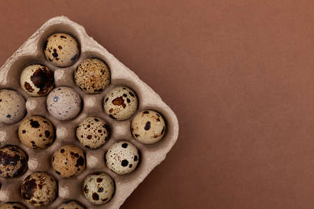 Quail eggs in eco package made of recycled paper, top view. Brown background, copy space.の写真素材