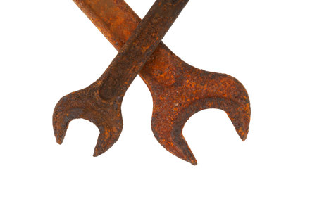Rusty wrenches on white background, close-up. Concept - Equipment status. published tools and techniques. design element.の写真素材