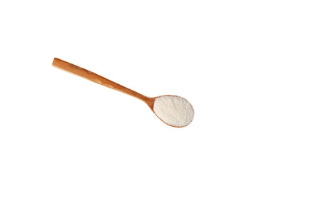 Carrageenan Gum Powder or Carrageenin in spoon on white background. Food additive E407 or E407a. Gelatinous extract of the Chondrus crispus seaweed used as food additives.の写真素材