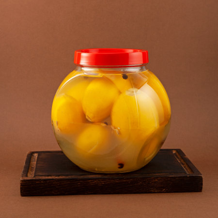 Salted lemons in jar. Healthy fermented food. Country lemon, Moroccan cuisine.の写真素材