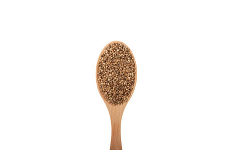Cannabis seeds or Hemp seeds isolated in wooden spoon on white background, close-up. design element. organic food.の写真素材