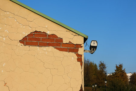 CCTV camera on corner of building in disrepair with peeling paint and cracks. Video camera for monitoring people. Surveillance, traffic monitoring.の写真素材