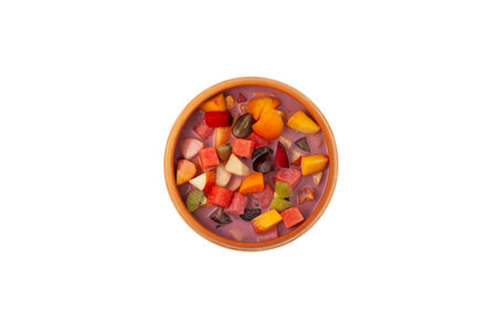 Es Campur or Sop Buah on white background, top view. design element. Mixed cocktail fruits with blueberry yogurt. Indonesian fruit salad or iced soup. summer dessert.の写真素材