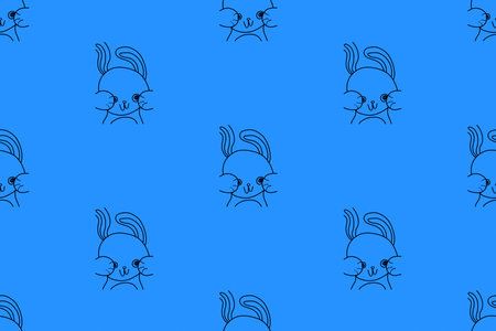 Seamless pattern with funny shy bunny. Fancy hare for print wrapping paper or fabric. Humble rabbit on blue background. Design element for children's clothing.の写真素材