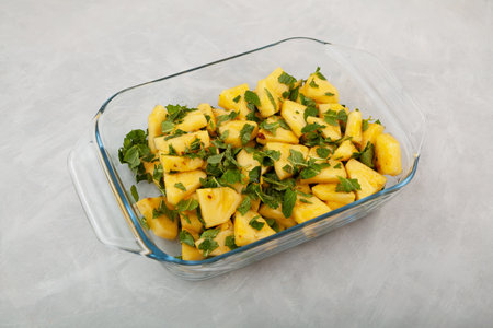 Sliced pineapple slices and mint leaves in cane sugar syrup. Preparation of delicious fruit dessert. Glass tray on gray background, selective focus.の写真素材