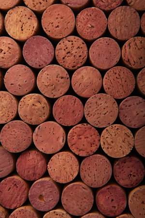 Old used wine corks of red wine, close-up. Wine cork stoppers. Design element, background or screensaver for menu.の写真素材