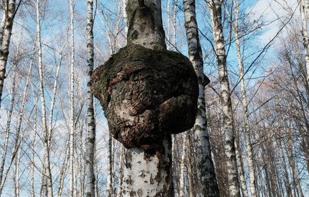 Inonotus obliquus or Chaga mushroom on trunk birch tree. Fungus, black mass and birch canker polypore. Chaga used in alternative medicine.の写真素材