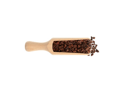 Delicious Cacao nibs in wooden scoop on white background. Crunchy pieces of peeled, crushed and lightly roasted cocoa beans with pleasant chocolate bitterness. Sugar-free product. Healthy food.の写真素材