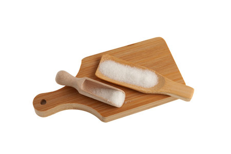 Msg powder on cutting board. Food additive E621. Monosodium salt of glutamic acid. Chinese salt, Flavor seasoning. Fifth taste, umami. Palatability enhancer.の写真素材