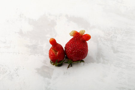 Deformed ugly strawberries of unusual shape. Latest trend - Eating ugly fruits and vegetables. Reduce organic waste.の写真素材