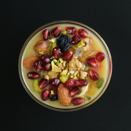 Ashure Dessert, Ashura or Anusabur on dark table. Turkish delicious porridge with grains, nuts and...